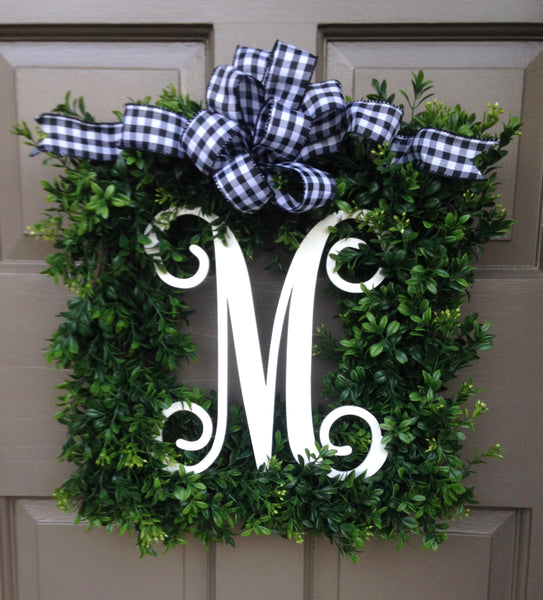 Monogram Boxwood Wreath (Black/White Check Bow)
