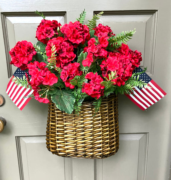 Patriotic Red Geranium Door Basket-Large