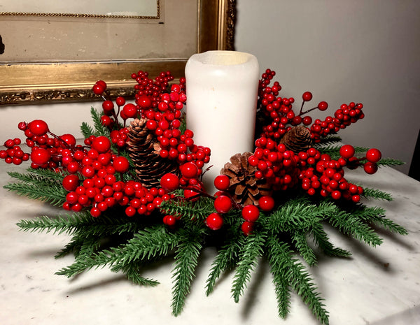 Evergreen & Red Berry Candle Centerpiece
