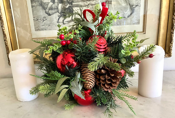 Evergreen & Red Ornament Centerpiece