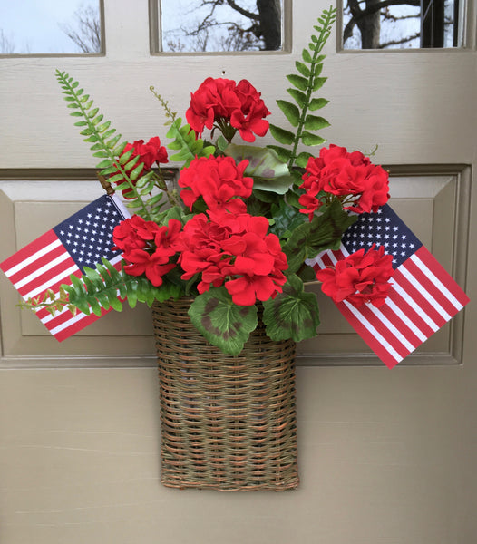 Patriotic Red Geranium Door Basket