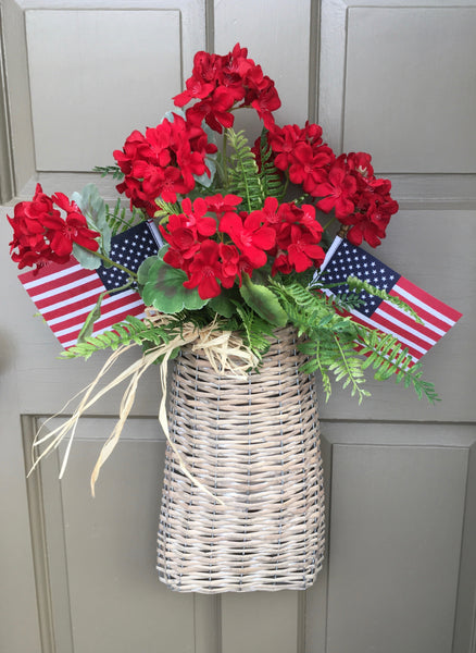 Patriotic Red Geranium Door Basket