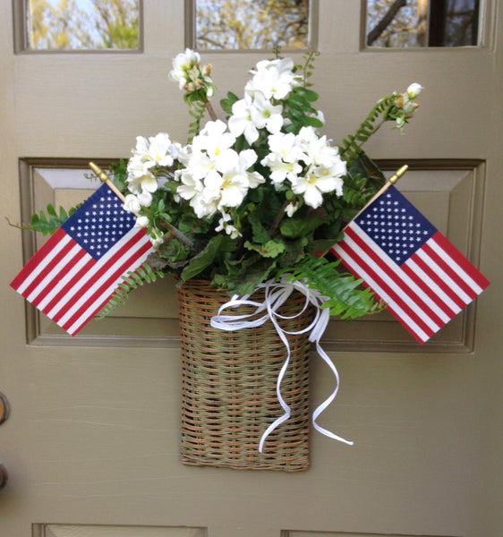 Patriotic White Geranium Door Basket