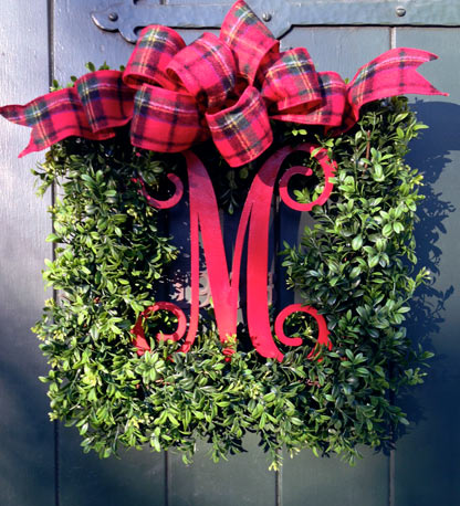 Merry Monogram Wreath (Plaid Bow)