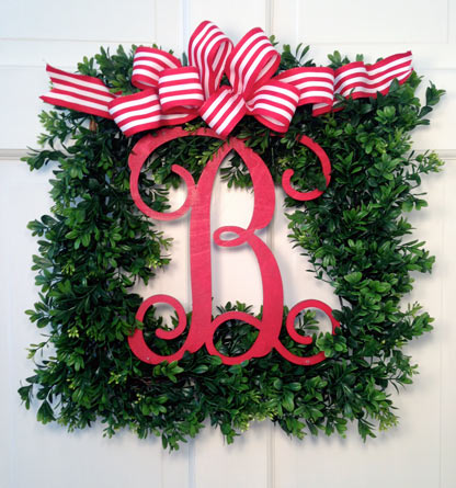 Merry Monogram Wreath (Striped Bow)