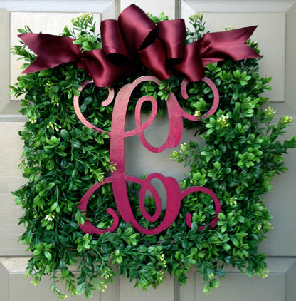 Monogram Boxwood Wreath (Burgundy Bow)