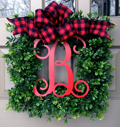 Merry Monogram Wreath (Buffalo Check Bow)