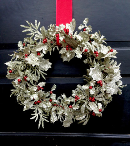 Glittering Silver Holly Wreath